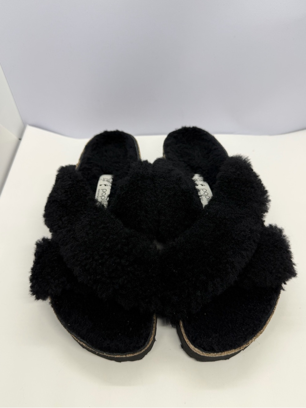 Birkenstock Black Furry Cross-Strap Slippers